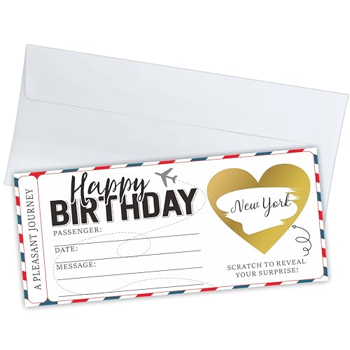 3.5" X 8" Boarding Pass Gift Ticket, Happy Birthday Surprise Reveal Card With Gold Scratch Off Sticker & Envelope, DIY Birthday Gift Ticket For Kids, Teens & Adults(Stripes) - A34 ProductsLogo