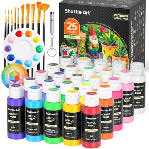 Shuttle Art 25 Colors Outdoor Acrylic Paint Set, 2oz/60ml Waterproof Acrylic Paint with 10 Brushes 1 Palette, Rich Pigmented Paints for Artists, Beginners on Rocks, Wood Crafts, Garden Statues ProductsLogo