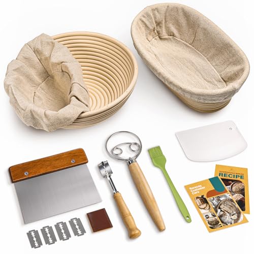 RORECAY Bread Banneton Proofing Basket Set, 9 Inch Round & 10 Inch Oval Cane Sourdough Baskets with Dough Whisk Bread Lame Dough Scraper Bowl Scraper Silicone Brush Sourdough Bread Baking Supplies ProductsLogo