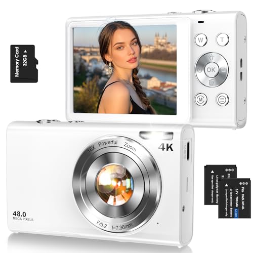 Digital Camera,Autofocus 4K Vlogging Camera for Photography with 32GB Card,48MP Portable Compact Point and Shoot Digital Camera for Teens Adult Beginner with 16X Zoom,Anti-Shake,2 Batteries(White) ProductsLogo