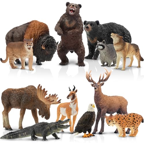 Toymany 12PCS North American Forest Animal Figurines, Realistic Jungle Animal Set Includes Moose,Cougar,Wolf,Bear,Eagle,Deer Educational Toy Cake Toppers Christmas Birthday Gift for Toddlers Kids 3-5 ProductsLogo