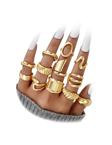 12 PCS 18K Gold Plated Chunky Stackable Rings for Women Non Tarnish, Statement Open Stacking Rings, Knuckle Band Ring Set ProductsLogo