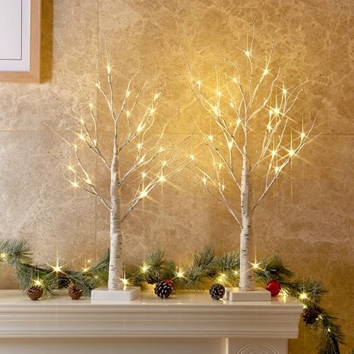PEIDUO Christmas Decorations Indoor, 2 FT Birch Tree with LED Lights, Fairy Light Spirit Tree for Christmas Decor, Warm White Lighted Birch Trees for Home Decor Indoor, Battery Powered, Timer (2PK) ProductsLogo