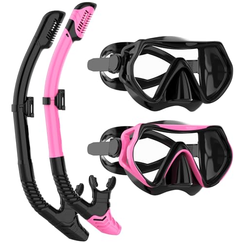 Snorkeling Gear for Adults, JRing Snorkel Mask Set with 180 Degree Tempered Glass Anti Fog Goggles Scuba Dry Top Snorkel for Swimming, Scuba Diving Mask for Men Women(Black+Pink) ProductsLogo