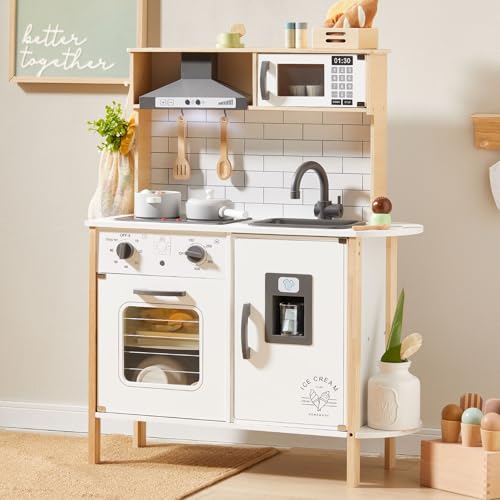 Tiny Land Play Kitchen for Kids, Wooden Kids Play Kitchen Playset Chef Pretend Play Set for Toddlers with Real Lights & Sounds, Toys Kitchen with 18 Pcs Toy Food & Cookware Accessories ProductsLogo