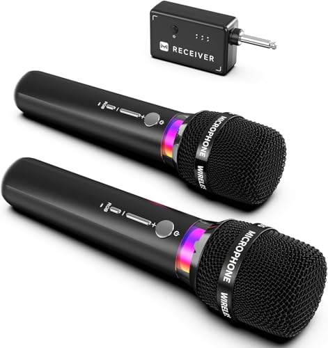 Wireless Microphone, Rechargeable Wireless Microphones with One-to-One Chip Connection and LED Lights, 40H Duration, 200FT Range Receiving, Less Latency Karaoke Microphone for Singing, Speech, Party ProductsLogo