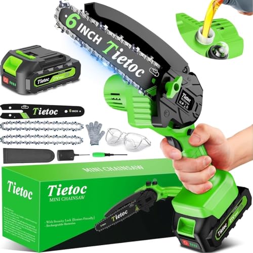 Tietoc Chainsaw 6 Inch Mini Electric Chainsaw Cordless Battery Powered, Hand Held Saw for Wood/Trees Trimming, Tools for Household and Garden, Chain Saw Gift for Men Dad Husband Fathers Gardener 2025 ProductsLogo