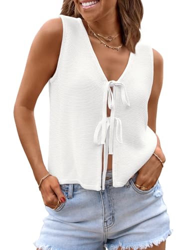 LILLUSORY Womens Crochet Tops Ladies Summer Vacation Outfits Beach Fashion Tank Y2K 2025 Cute Clothes Tie Front Sweater Vest White M ProductsLogo