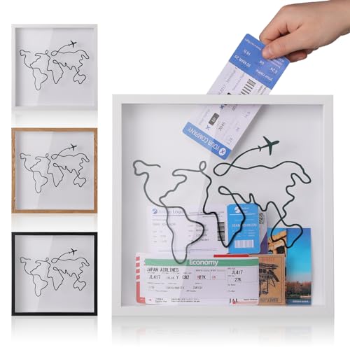 MUXIUNT Travel Adventure Archive Shadow Box For Memories,8&12Inch Concert Travel Ticket Stub Memory Top Loading Shadow Keepsake Box With Slot On Top,life In a Shadow Box Travel Frame (White, 8x8) ProductsLogo