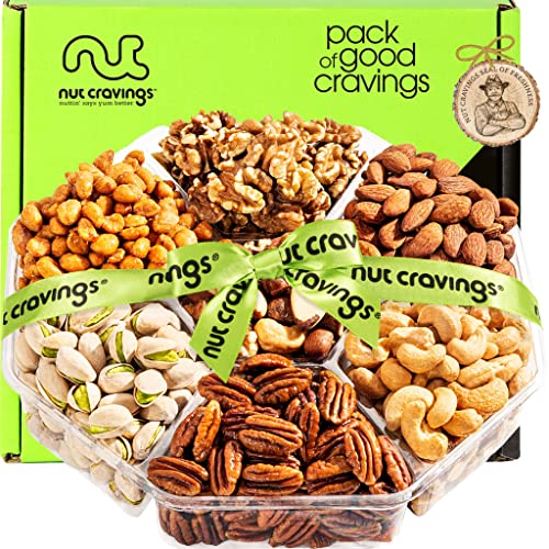 NUT CRAVINGS - Diwali Sweets Hamper Mid-Autumn Festival Mixed Nuts Gift Basket + Green Ribbon (7 Assortments, 1 LB) Food Arrangement, Healthy Snack Care Package, Food Assortments ProductsLogo
