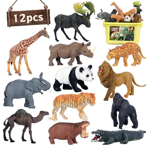 Safari Animal Toys Figures, 12 PCS Realistic Jumbo Wild Jungle Animals Figurines, Large African Zoo Animal Playset with Lion,Elephant,Giraffe, Plastic Animal Learning Toys for Kids Toddlers Boys ProductsLogo