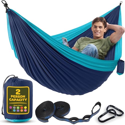 Durable Hammock 500 lb Capacity, Nylon Camping Hammock Chair - Double or Single Sizes w/Tree Straps and Attached Carry Bag - Portable for Travel/Backpacking/Beach/Backyard (Large, Blue & Light Blue) ProductsLogo