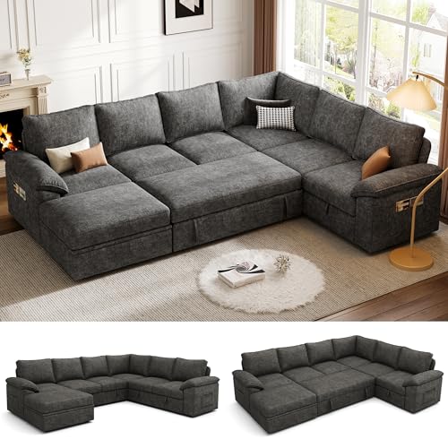 SUAWY 108 Inch Sectional Sleeper Sofa with Pull Out Bed,U Shaped 7 Seat Modular Sectional Sofa with Storage,Sectional Couches for Living Room,Cloud Modular Couch,Removable Sofa Cover,Dark Grey ProductsLogo