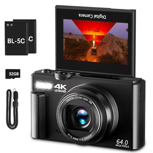 4K Digital Camera for Photography, 64MP Vlogging Camera for YouTube with 3" 180° Flip Screen, 18X Digital Zoom Point and Shoot Camara with 32GB Micro SD Card for Beginner (Black) ProductsLogo