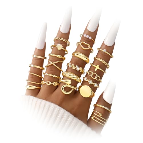 FAXHION 60 Pcs Gold Stackable Rings for Women, Knuckle Rings Chunky Gold Ring Set Dainty Stacking Cute Rings, Multiple Sizes Cute Jewelry Set Gift (Gold-24 Pcs) ProductsLogo
