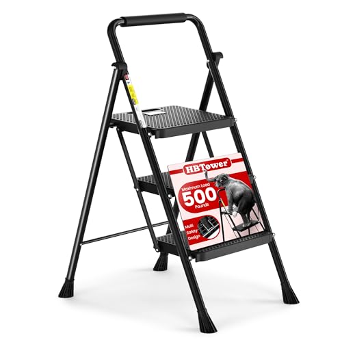 HBTower Step Ladder, Folding Step Stool with Wide Anti-Slip Pedal, Sturdy Steel Ladder, Convenient Handrail, Lightweight, Portable Steel Step Stool ProductsLogo