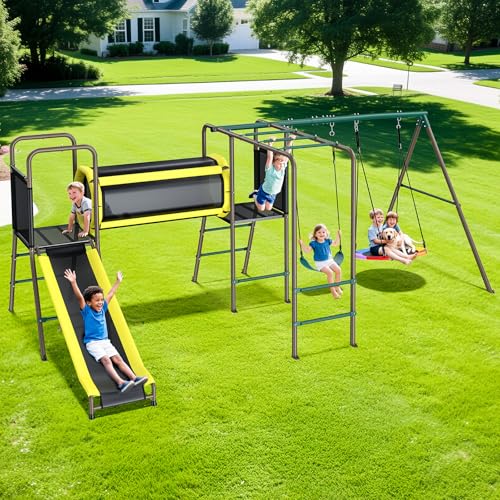 Hapfan 660lbs Swing Set with Slide,Crawl Tunnel and Monkey Bars for Backyard,5 in 1 Metal Swingset Outdoor for Kids Aged 3-12 ProductsLogo