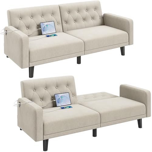 Yaheetech 63" Convertible Couch Small Futon Sofa Bed with 2 USB Ports, Reclining Backrest & Removable Armrests, Mid Century Modern Loveseat for Living Room, Apartment, Office, Beige ProductsLogo