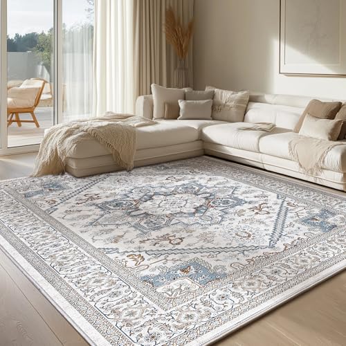 OPPODREAM Soft Neutral Area Rugs 5x7, 5x7 Washable Rug with Non Slip Backing, 5 x 7 Faux Cashmere Low-Pile Carpet, Cream White & Blue & Light Brown ProductsLogo