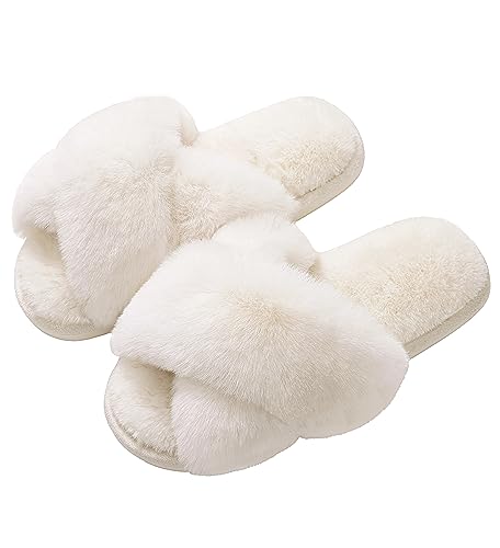 Evshine Women's Fuzzy Slippers Cross Band Memory Foam House Slippers Open Toe Indoor Outdoor Shoes, White, 38-39 (Size 7-8) ProductsLogo