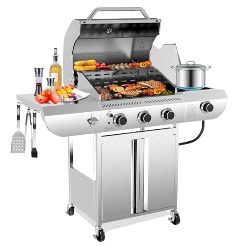 Electactic 3-Burner Propane Gas Grill with Side Burner – 34,000 BTU Stainless Steel Outdoor BBQ Grill, Cast Iron Grates, Portable with Wheels for Patio, Camping ProductsLogo