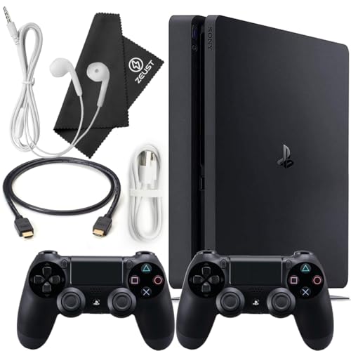 PlayStation 4 Slim 500GB Console Bundle - Includes the PS4 Slim Console 500GB, 2 Dualshock 4 Wireless Controllers, MicroUSB Charging Cable, HDMI cable, Wired Earbuds and Microfiber Cloth (Renewed) ProductsLogo