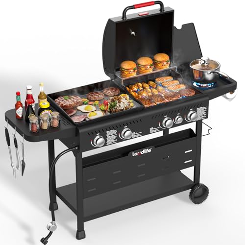 Laudlife Griddle Grill Combo with Side Burner, 702 SQ.IN Cooking Space, 5 Burners Propane BBQ Grills of 50,000 BTU, Non-Stick Enamel Grate, Heavy-Duty Stand for Backyard BBQ & Outdoor Cooking ProductsLogo