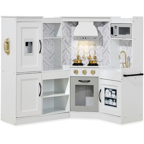 Best Choice Products Pretend Play Corner Kitchen, Ultimate Interactive Wooden Kids Playset w/Lights & Sounds, Ice Maker, Hood - White ProductsLogo