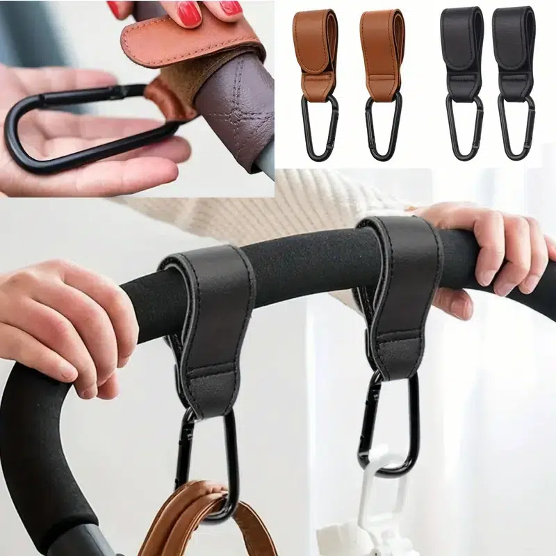 2pcs stroller hooks for hanging diaper bags, multi-purpose hooks for grocery shopping bags, artificial leather stroller straps, artificial leather for Christmas, Halloween and Thanksgiving gifts ProductsLogo