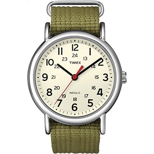Timex Unisex Weekender 38mm Watch – Silver-Tone Case Cream Dial with Olive Fabric Slip-Thru Strap ProductsLogo