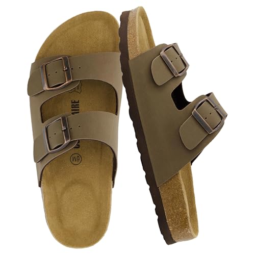 CUSHIONAIRE Lane Cork Footbed Sandals for Women – Comfortable Double Buckle Slip-On with Genuine Suede Footbed & Arch Support Slides for Women Footwear, BROWN 8.5 ProductsLogo