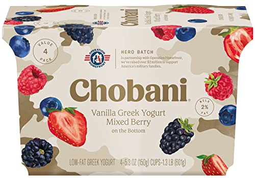 Chobani® Low-Fat Vanilla Greek Yogurt, Mixed Berry on the Bottom 5.3oz 4-pack ProductsLogo