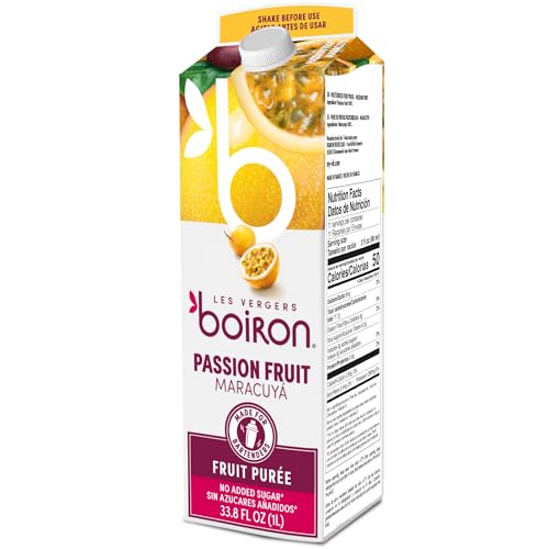 Les Vergers Boiron Passion Fruit Puree, 100% Fruit, All Natural, No Added Sugar, Non-GMO, No Preservatives, No Added Flavors, Vegan, For Beverages & Cocktails, 1 Liter, 33.8 Fl Oz (Pack of 1) ProductsLogo
