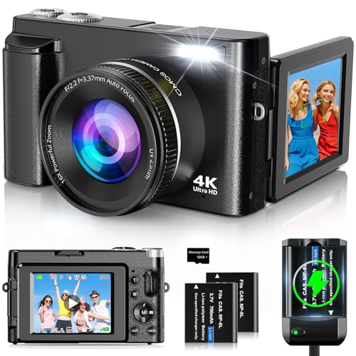 4K Digital Camera for Photography and Video, Autofocus 48MP Vlogging Camera for YouTube with 3'' 180°Flip Screen 16X Zoom Compact Travel Cameras with SD Card, 2 Batteries, Anti-Shake, Flash (Black) ProductsLogo