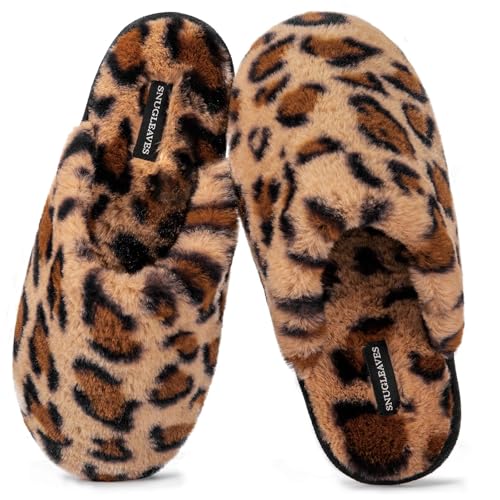 Snug Leaves Women's Fuzzy Scuff Slippers Soft Comfy Memory Foam Non-slip Indoor House Shoes (Cheetah Brown, Size 7-8) ProductsLogo