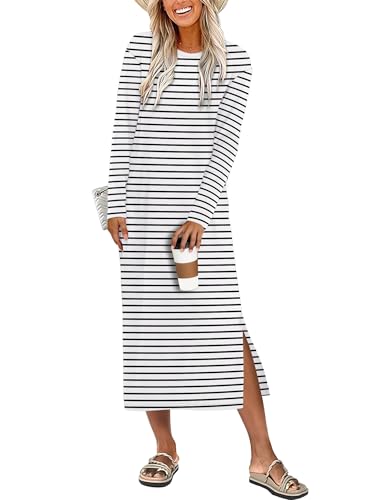 ANRABESS Long Sleeve Midi Dresses for Women Fall Fashion Casual Vacation Crewneck Loose Split Striped Long Tshirts Dress White Black Stripe M ProductsLogo