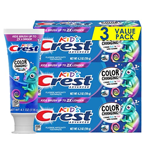 Crest Advanced Kid's Fluoride Toothpaste, Bubblegum Flavor, 4.2 oz, 3 Count, Color-Changing Anticavity Toothpaste ProductsLogo
