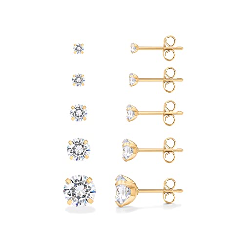 PAVOI 14K Yellow Gold Plated Five Pairs Stainless Steel Stud Earrings Set for Women | Hypoallergenic 5 Earrings Pack | Premium Cubic Zirconia Studs ProductsLogo