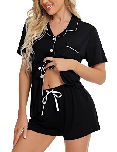 SWOMOG Womens Button Down Pajamas Set Short Sleeve Sleepwear Bride Soft Pj Lounge Sets XS-3XL Black Medium ProductsLogo