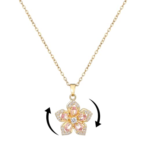 KONPJE Flower Necklace for Women Gold Dainty Fidget Necklace Rotatable Crystal Silver Blossom Pendant Necklaces Adjustable Spinning Fidget Necklaces Redbud Flower Choker Funny Summer Jewelry (pink) ProductsLogo