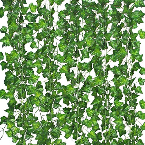 12 Pack Fake Vines for Room Decor Artificial Ivy Garland with Clip Green Flowers Hanging Plants Faux Greenery Leaves Bedroom Aesthetic Decor for Home Garden Wall Wedding ProductsLogo