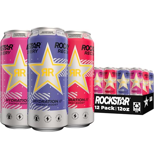 Rockstar Recovery Non-Carbonated Energy Drink, 3 Flavor Variety Pack (Raspberry Lemonade, Berryade, Strawberry Lemonade), 16 Fl Oz Cans (12 Pack), 160mg Caffeine, B Vitamins, Electrolytes ProductsLogo