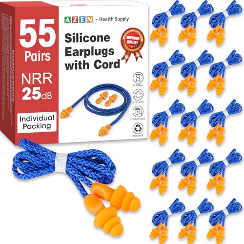 AZEN 55 Pairs Silicone Ear Plugs, Reusable Earplugs for Noise Reduction, 25dB NRR Corded Ear Plug for Sleeping Noise Cancelling, Ear Plug with String Individual Packing ProductsLogo