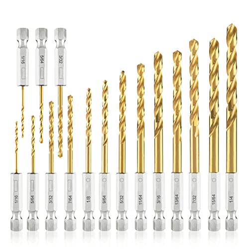 amoolo Hex Shank Drill Bit Set (13Pcs Set+3 Pcs Free), Premium 4341 HSS Titanium Impact Hex Drill Bits for Wood, Steel, Metal, Plastic, Quick Change Design (1/16 -1/4 ) ProductsLogo