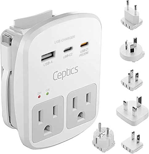 Ceptics Universal Travel Adapter Kit - 2 USB, USB-C Cord+2 US Outlets QC 3.0, Surge Protection, Plugs for Europe, UK, China, Australia, Japan - Perfect for Laptop, Cell Phones, Cameras,Safe ETL Tested ProductsLogo