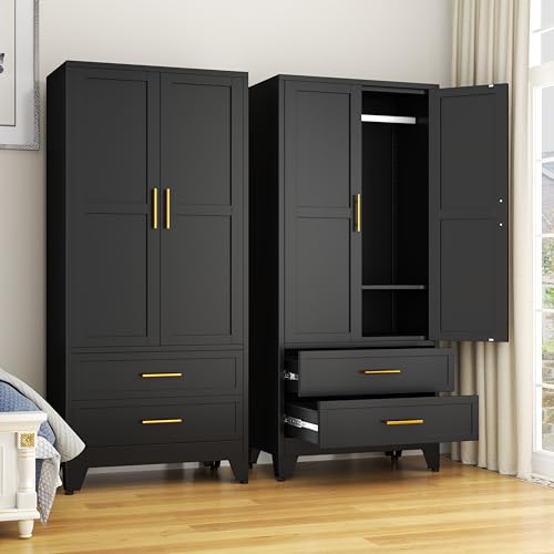 GAIOUS Steel Armoire Wardrobe Closet, 71" Metal Clothing Storage Cabinets with 2 Doors, 1 Adjustable Shelf and 2 Drawers, Metal Wardrobe Cabinet with Hanging Rod for Bedroom, Gym, Cloak Room (Black) ProductsLogo