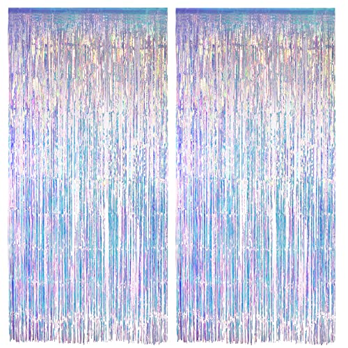 Iridescent Party Streamers Backdrop - GREATRIL Neon Transparent Holographic Tinsel Foil Fringe Curtain for Mermaid/Frozen/Sea/Euphoria/ERAS Party Theme Decorations 3.2ft x 6.5ft 2 PCS ProductsLogo