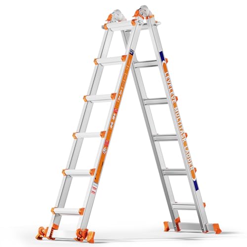 LEVELEVE A Frame 6 Step Ladder, 22FT Extension Ladder with Stabilizer Bar & Wheels,330 lbs Security Load Multi Position Ladder for Stairs Home Indoor Outdoor Roof ProductsLogo