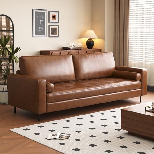 NessCarsti 80.31" Mid-Century Modern Faux Leather 3-Seater Sofa Couch, with Sturdy Metal Legs & Solid Wood Frame, for Living Room & Apartment, Brown ProductsLogo