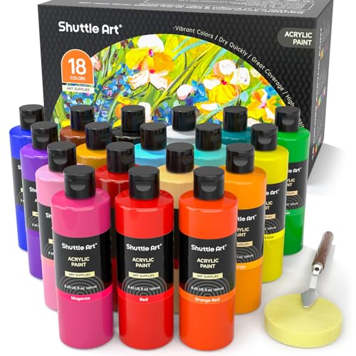 Shuttle Art 18 Colors Acrylic Paint Bottle Set (250ml/8.45oz), Rich Pigmented Bulk Painting Supplies for Artists, Beginners and Kids on Rocks Crafts Canvas Wood Ceramic ProductsLogo